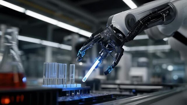 A futuristic robotic arm manipulating lab equipment in an automated drugtesting environment demonstrating the synergy between AIdriven protein analysis and practical laboratory applications.