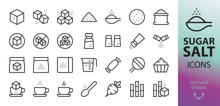 Sugar and salt line icons set. Set of sugar spoon, no sugar, sugarcane, beet, cube, dessert vector icon with editable stroke