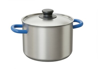 3D Illustration of Stainless steel cooking pot with blue handles isolated on white background