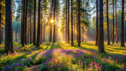 Obraz premium Serene forest with tall trees and vibrant wildflowers, landscape, scenery, landscape, scenery, verdant, foliage, garden