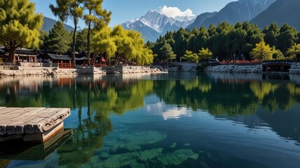 Fototapeta premium Tranquil lake nestled amidst mountains and trees, reflecting a serene sky
