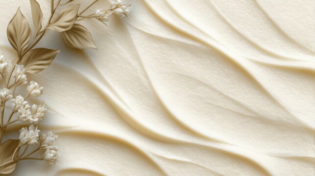 Elegant cream texture background with delicate dried flowers. Perfect for beauty, cosmetic, and skincare advertising. Ideal for websites, packaging, and social media.