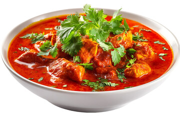 Vibrant image of a chicken curry in a round white bowl, topped with fresh cilantro. The curry has a rich red color and appears flavorful. Isolated on Transparent Background PNG