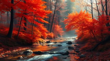 Landscape Wallpaper Design Modern Digital Art Style Autumn Forest Stream Decorative Painting