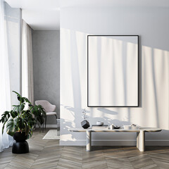 Frame mockup, ISO A paper size. Living room wall poster mockup. Interior mockup with house background. Modern interior design. 3D render
