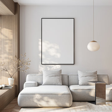 Frame mockup, ISO A paper size. Living room wall poster mockup. Interior mockup with house background. Modern interior design. 3D render
