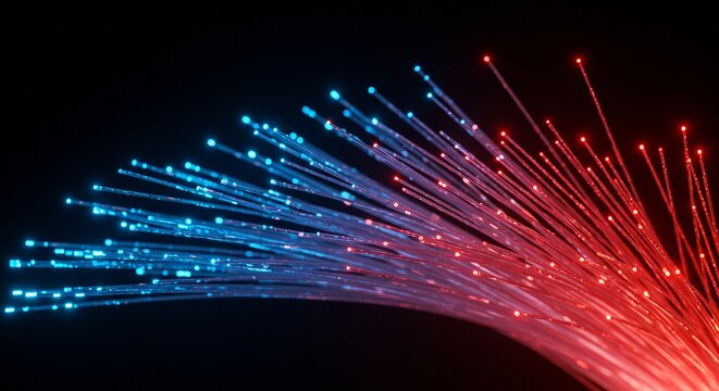Macro shot of glowing fiber-optic cables representing data transmission, blue and red light trails, futuristic style
