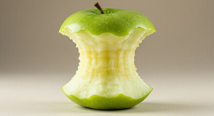 The core of temptation: A close-up shot unveils a partially eaten green apple, its core exposed, with a muted, inviting background