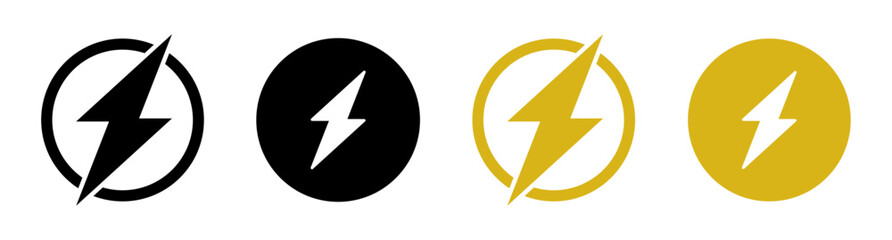 Vector icon of a lightning bolt in outlined and filled styles. High contrast black, white, and yellow symbols for electricity, power, or energy on circular backgrounds. Icons, vector, lightning.
