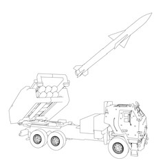 A black and white drawing of a rocket and a truck. The rocket is in the air and the truck is on the ground. Scene is serious and focused on the military aspect of the rocket and truck