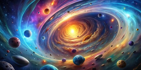 Colorful cosmic vortex with swirling energy beam and floating asteroids in space , spiral, space,  spiral, space, orbit, celestial