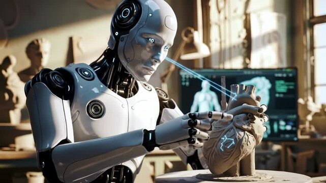 A robot artisan skillfully sculpts a detailed heart from clay inside a bright workshop. The workspace is filled with various sculptures and tools, showcasing advanced technology and creativity.