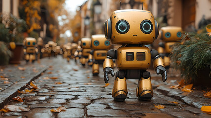 Golden robots marching on cobblestone street, autumn leaves, quaint buildings blurred in background
