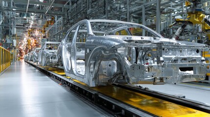 Fototapeta premium bare metal vehicle chassis on assembly line, automotive manufacturing 