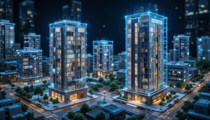 Fototapeta premium Urban skyline development modern city digital architecture night setting aerial view futuristic design