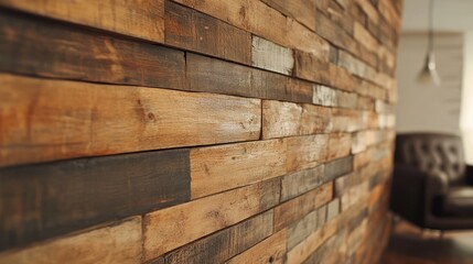 Reclaimed wood wall, interior design, living room, blurred background, home decor