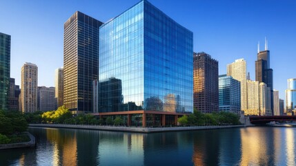 Skyscrapers reflect on river, Chicago's skyline shines under clear blue sky