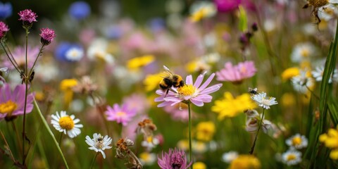 Bee Among Insects in Wildflower Field