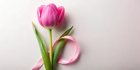 Fototapeta premium Vibrant vertical pink tulip with its leaves placed inside an eight-shaped cutout and decorative ribbon, flowers