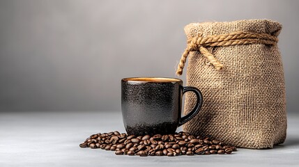 Dark roasted coffee beans in a cup, burlap sack