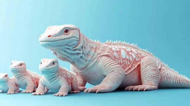Four stylized lizards in varying sizes, positioned on a blue background, showcasing their unique textures