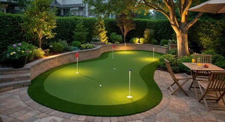 Outdoor miniature golf course at night, patio area with landscaping