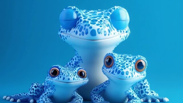 Three vibrant blue frogs with spotted patterns pose together against a bright blue background