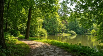 Scenic view of a serene lake with a path meandering through lush green trees and foliage, basking in sunlight