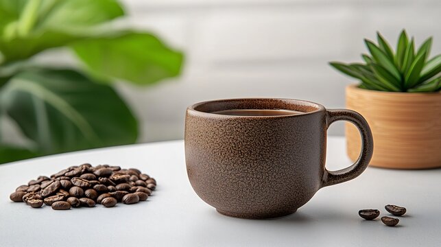 Dark-brown ceramic coffee mug filled with coffee and coffee beans on a white surface