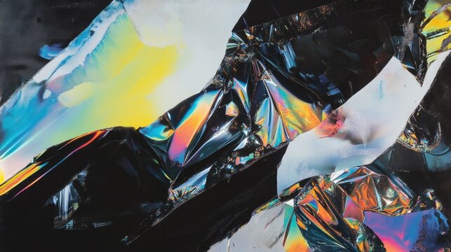 Iridescent foil fragments on black background; vibrant, abstract texture