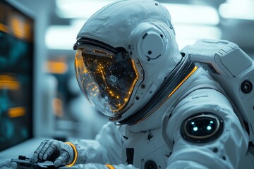 an astronaut like engineer testing wearable exoskeleton technology in a futuristic lab, surrounded by robotics and AI systems, clean and bright lighting highlighting the innovation