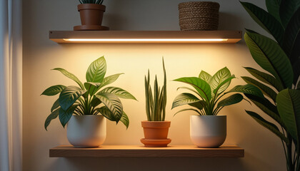 A modern indoor shelf with a house plant indoor lighting and indirect LED strips casting a soft glow on green leaves.