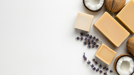 Natural soaps and coconuts with lavender on white background for beauty and spa concepts