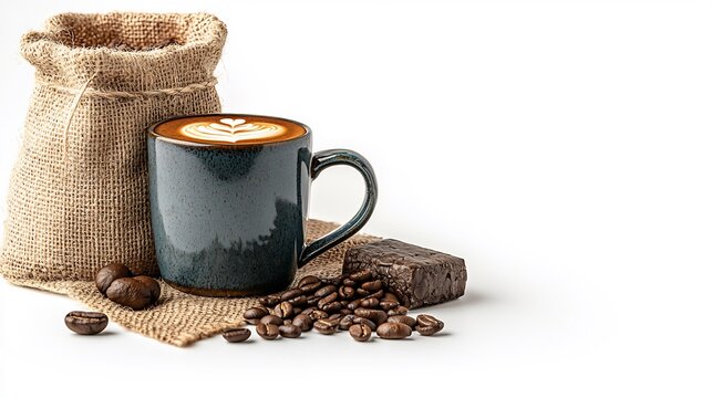 Dark-colored coffee mug with latte art and coffee beans