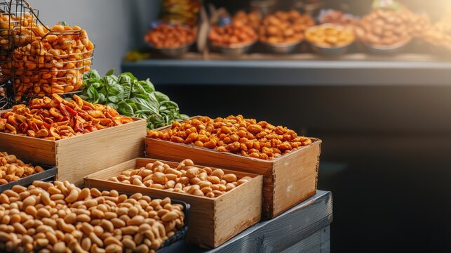 Wooden crates filled with assorted roasted nuts and snacks are displayed at an inviting marketplace stall, offe a variety of flavors and textures.