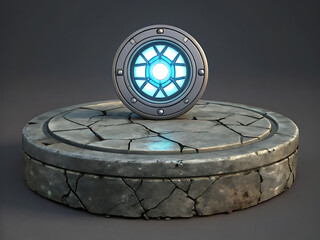 Futuristic Glowing Arc Reactor on Cracked Stone Pedestal
