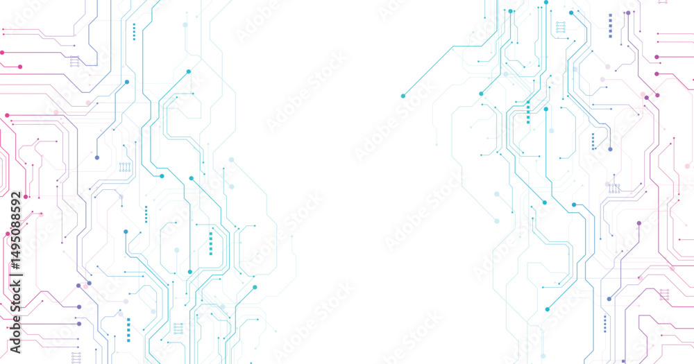 Poster Technology Blue and pink circuit diagram concept. High-tech circuit board connection system.Vector abstract technology on a white background.