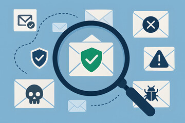 Email Security Analysis: Digital scrutiny of the messages on screen for safe conduct. A magnifying glass over the mail icon. Showing a careful selection of trusted content.