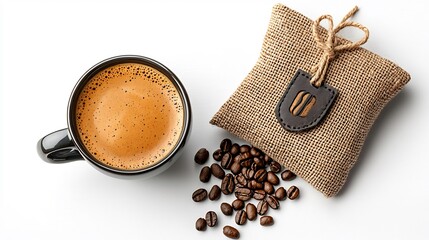 Espresso coffee in dark mug, burlap coffee bean bag, scattered beans