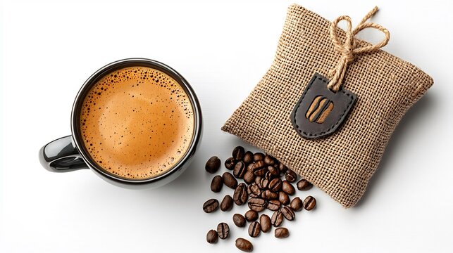 Espresso coffee in dark mug, burlap coffee bean bag, scattered beans
