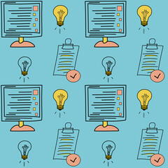 Seamless pattern with monitors, idea bulbs, and checklists on a blue background. Perfect for school supplies, digital planners, and creative educational themes.