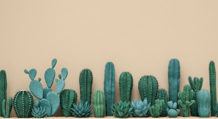 A row of teal succulents and cacti against a beige backdrop