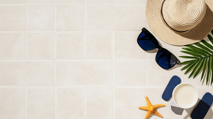 Summer essentials arranged neatly on tile to evoke travel and relaxing vacation vibes