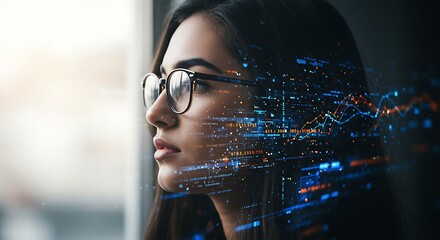 Futuristic Woman with Digital Overlay and Artificial Intelligence Concept