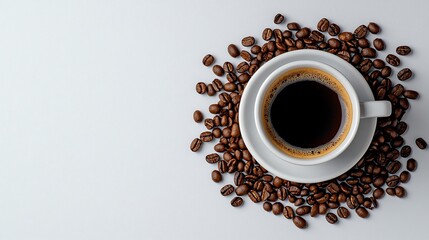Espresso in a white cup, surrounded by coffee beans.  A simple, elegant still life
