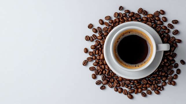 Espresso in a white cup, surrounded by coffee beans.  A simple, elegant still life