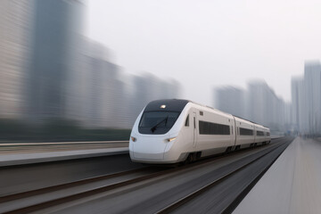 Naklejka premium sleek highspeed train racing through urban landscape towering city buildings in background