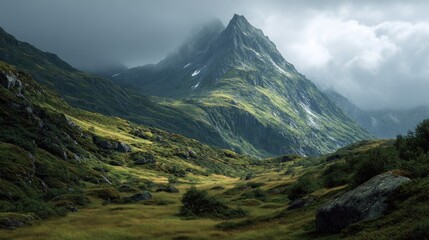Fototapeta premium Dramatic mountain landscape with green slopes under a cloudy and moody sky