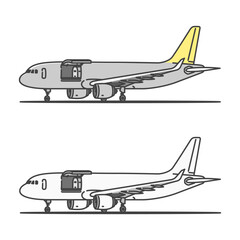 イラスト素材:駐機状態の、国内貨物向け貨物機（カーゴドアオープン状態）