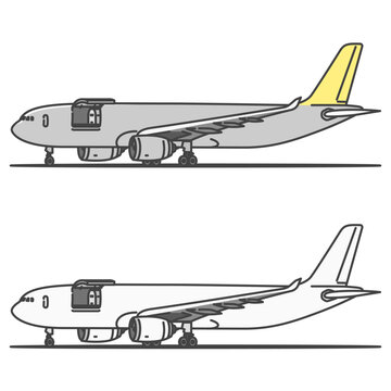イラスト素材:駐機状態の、国際貨物向け貨物機（カーゴドアオープン状態）